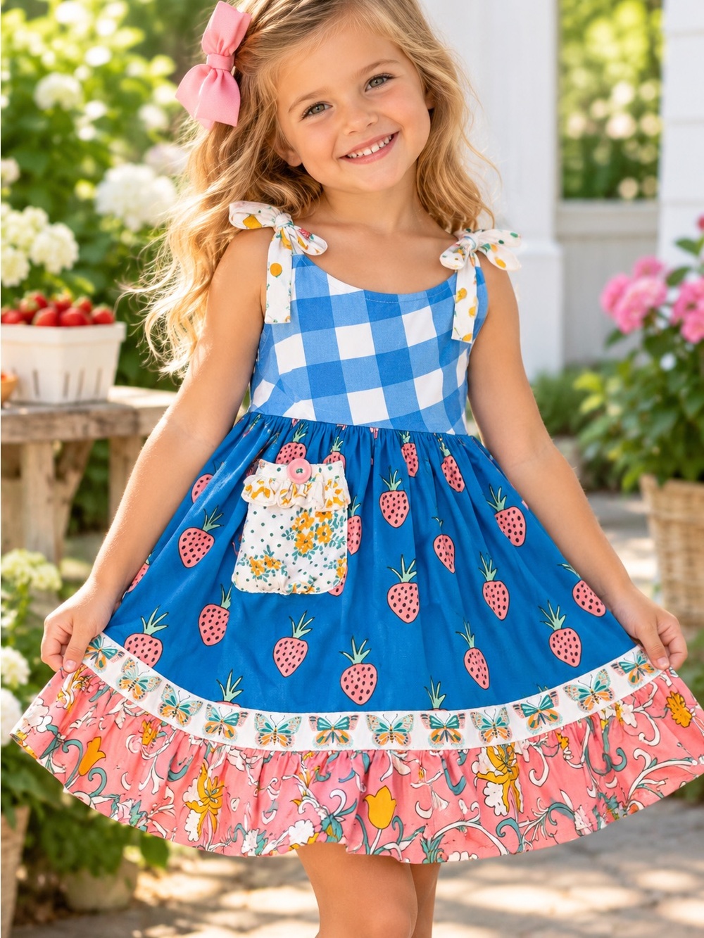 Wildflowers Girls Size 4 Strawberry Gingham Floral Twirl Dress 🍓